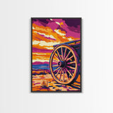 Vibrant Wagon Wheel, Pink Orange Wall Art, Boho Art, Framed Canvas Print, Southwest Aesthetic, Above Sofa Art, Rustic Decor, Gift Idea