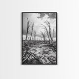 Windblown Trees, stormy sky, moody landscape, wabi sabi art, black and white, framed canvas print, rustic decor, nature photography