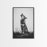 Howling Wolf, wildlife art, moody art, rustic decor, nature photography, black and white animal print, framed canvas print, minimalist art