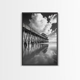 Pier reflection, seascape painting, nautical decor, rustic wall art, black and white photography, extra wide art, framed canvas print
