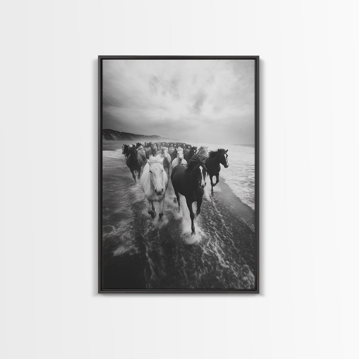 Horse wall art, wild mustangs, moody art, rustic decor, nature photography, black and white art, panoramic art, canvas print, living room art