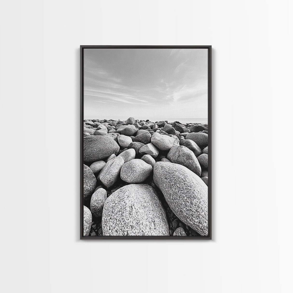 Stone beach, coastal landscape art, black and white art, wabi sabi wall art, minimalist art, nature photography, framed canvas print