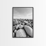 Stone beach, coastal landscape art, black and white art, wabi sabi wall art, minimalist art, nature photography, framed canvas print