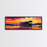 Western Wheels, cowboy painting, rustic wall art, gift idea, farmhouse decor, panoramic art, extra wide art, framed canvas print