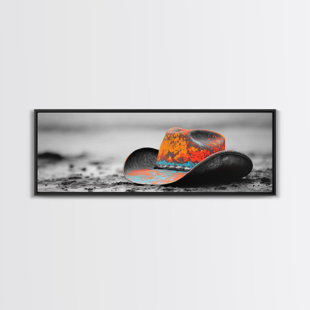 Western Hat, Cowboy Art, Ranch Life Wall Art, Rustic Decor, Moody Art, Extra Wide Art, Horizontal Wall Art, Framed Canvas Print