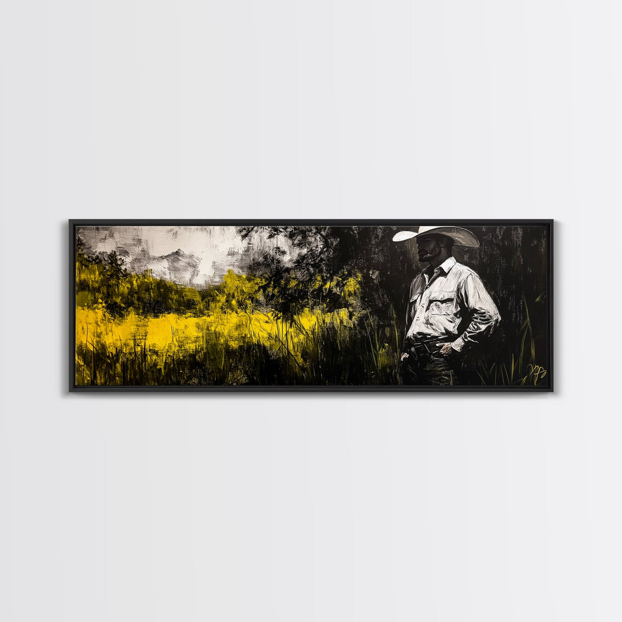 Cowboy in Field, Rustic Wall Art, Farmhouse Art, Canvas Print, Vintage Horse Art, Extra Wide Art, Moody Art, Wabi Sabi Art