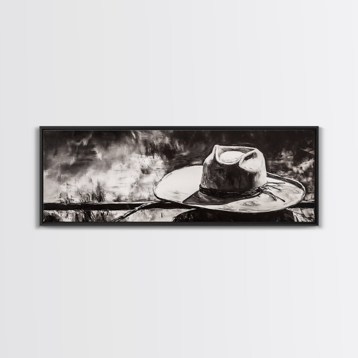 Western Hat Art, Black and White Art, Framed Canvas Print, Rustic Wall Art, Wabi Sabi Art, Extra Wide Art, Minimalist Art