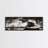Western Hat Art, Black and White Art, Framed Canvas Print, Rustic Wall Art, Wabi Sabi Art, Extra Wide Art, Minimalist Art