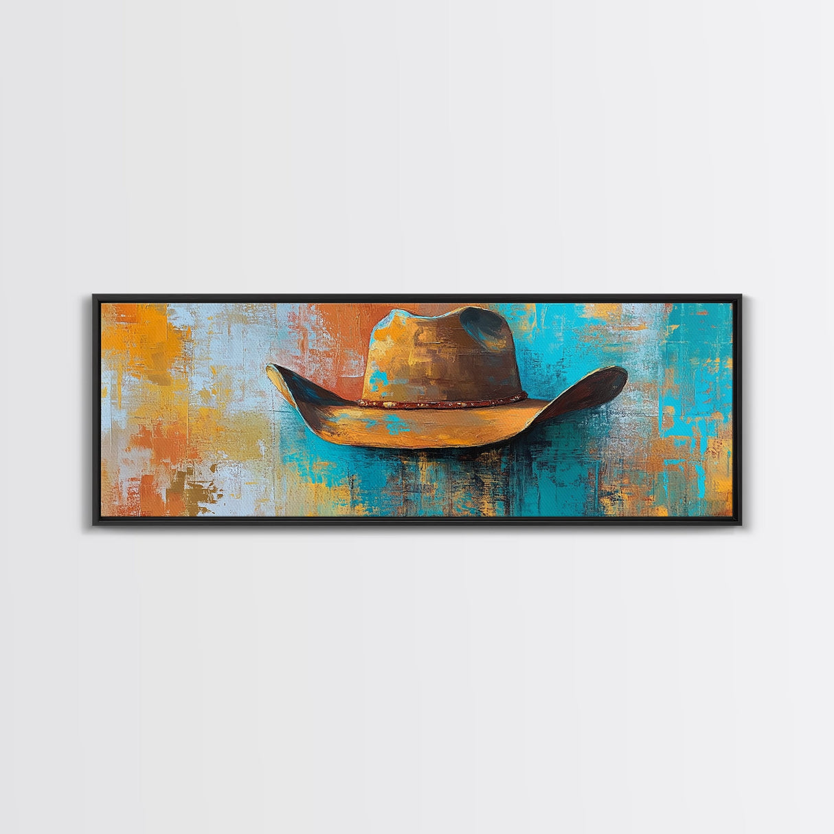 Western Hat Painting, Abstract Cowboy Art, Framed Canvas Print, Extra Wide Art, Rustic Decor, Blue and Green Wall Art, Wabi Sabi Art
