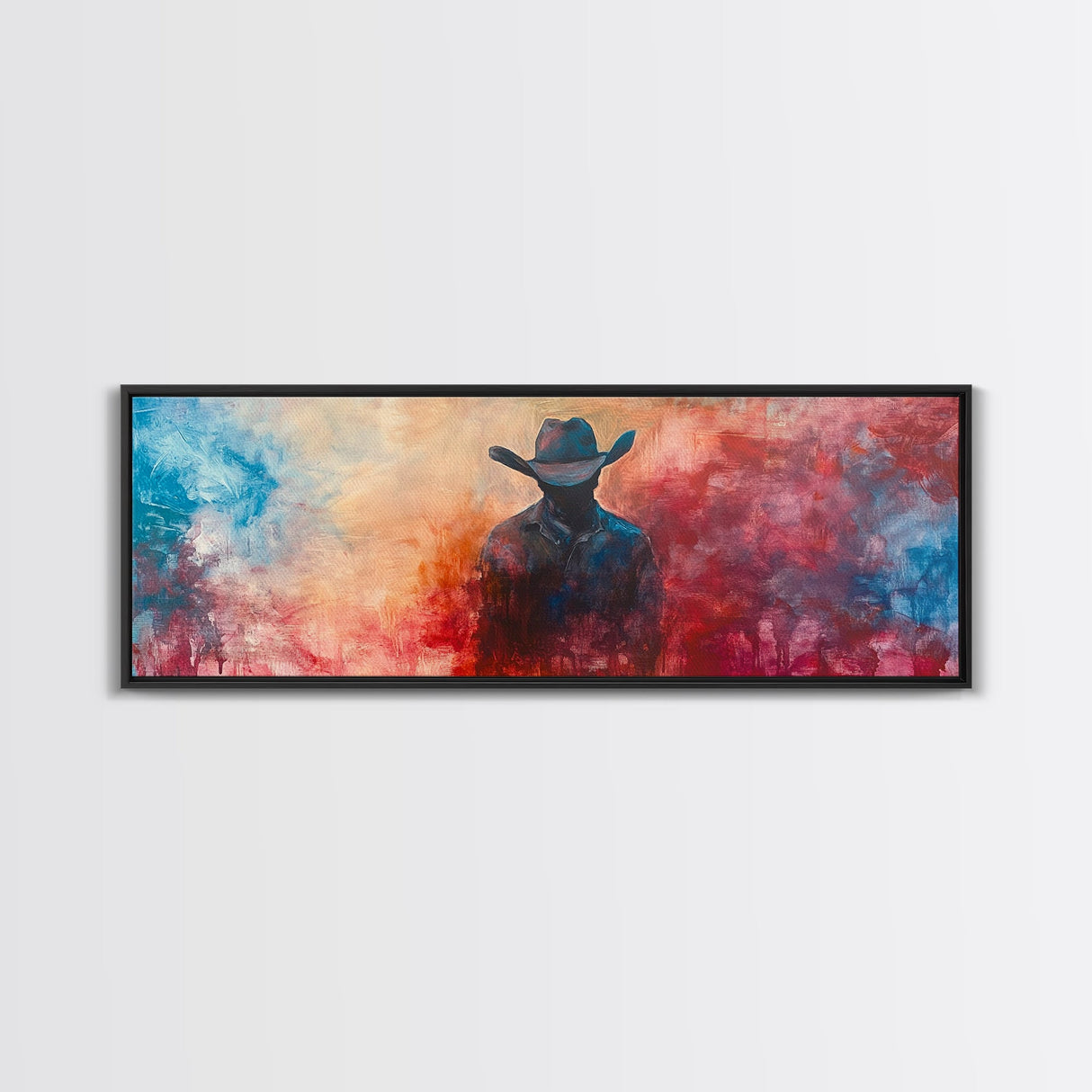 Moody Cowboy Art, dark romance painting, rustic wall art, southwest wall art, extra wide art, framed canvas print, panoramic painting