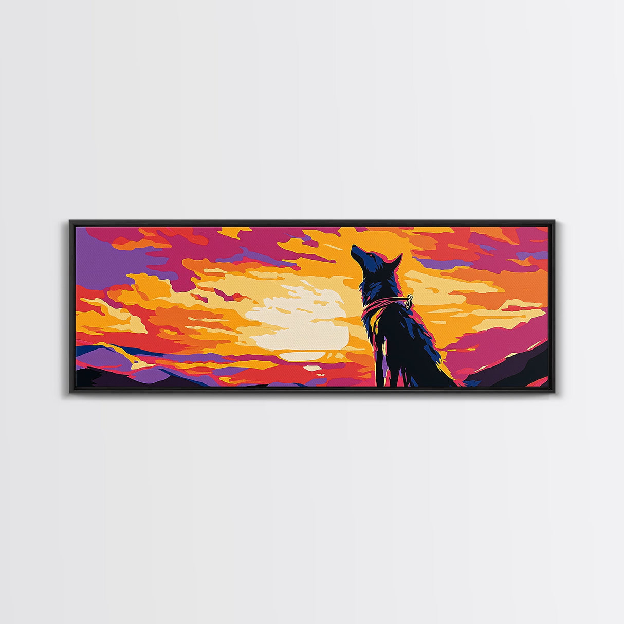 Colorful Wolf Art, sunset animal painting, moody art, pink orange wall art, extra wide art, framed canvas print, panoramic painting