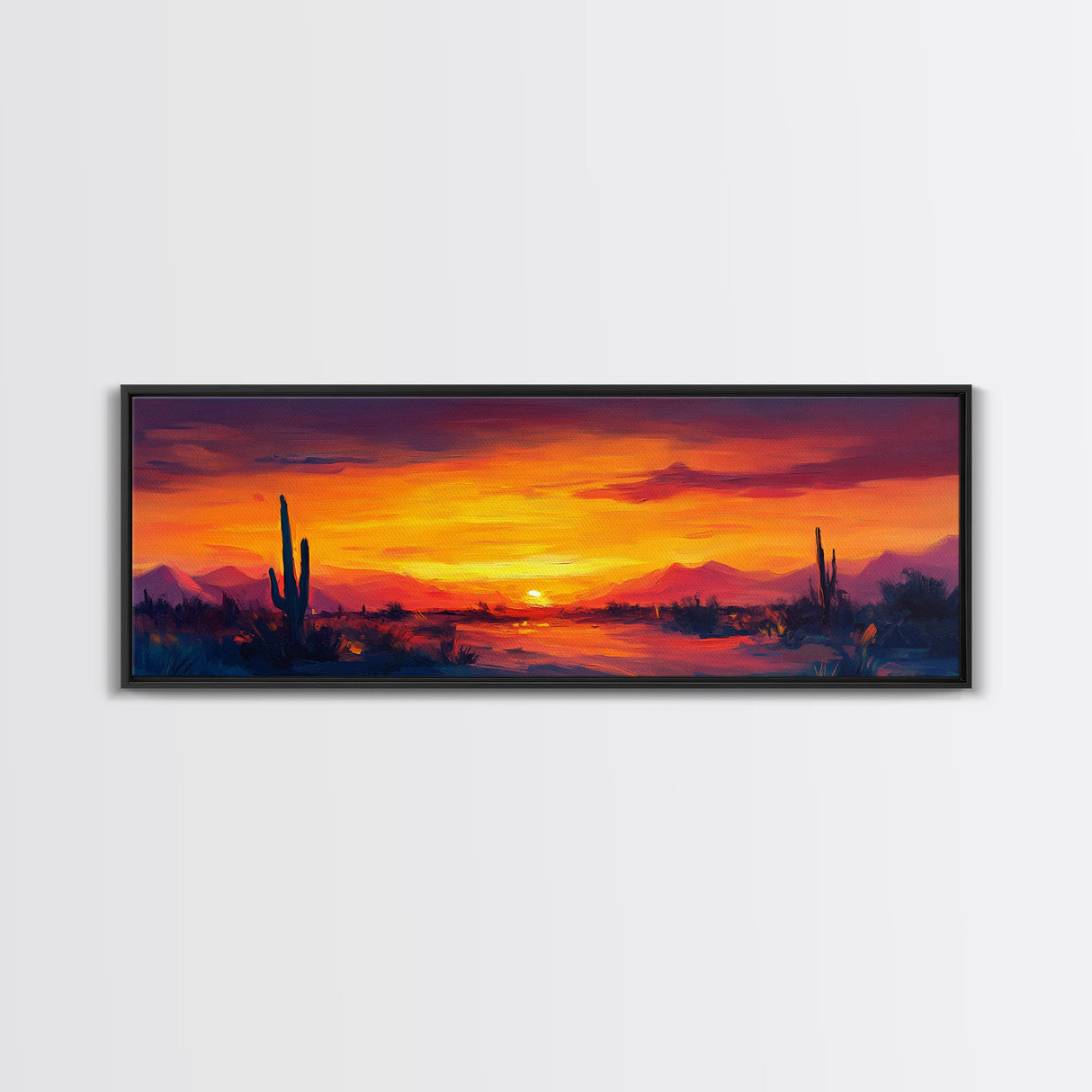 Sunset Cactus Art, southwest wall art, desert landscape painting, extra wide art, panoramic painting, framed canvas print, rustic decor, horizontal wall art