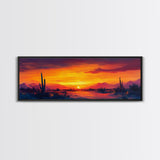 Sunset Cactus Art, southwest wall art, desert landscape painting, extra wide art, panoramic painting, framed canvas print, rustic decor, horizontal wall art