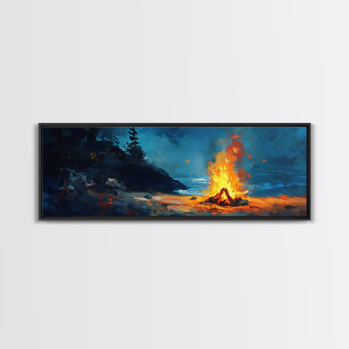 Coastal Cowgirl Wall Art, Framed Canvas Print, Campfire Painting, Rustic Decor, Moody Art, Extra Wide Art, Living Room Art, Above Couch Art