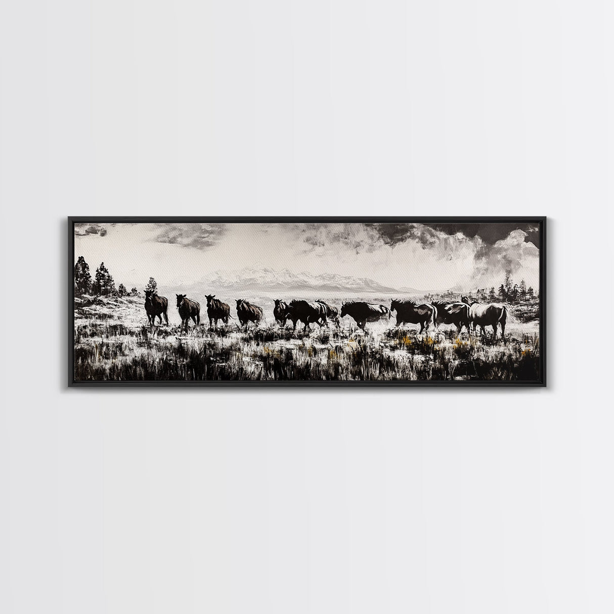 Black And White Wall Art, Framed Canvas Print, Vintage Horse Art, Rustic Wall Art, Extra Wide Art, Moody Art, Western Art, Above Bed Art
