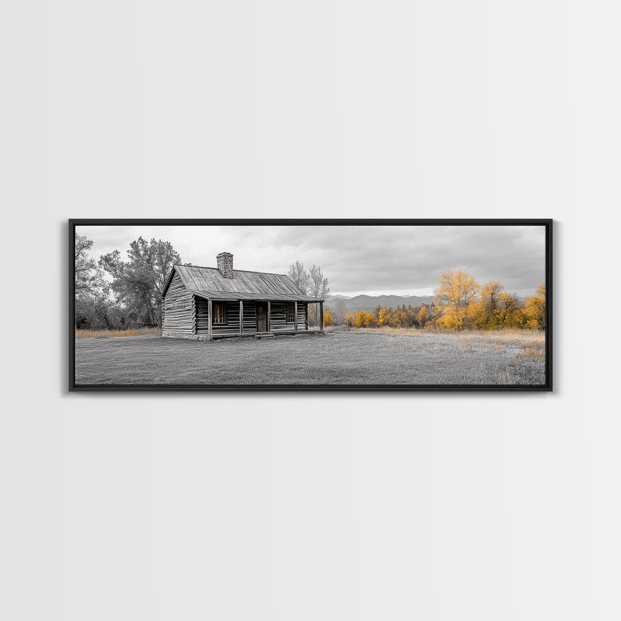 Log Cabin, Fall Art, Rustic Wall Art, Farmhouse Art, Cozy Cabin Art, Landscape Painting, Wabi Sabi Art, Above Couch Art, Framed Canvas Print