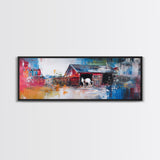 Abstract Barn, barn landscape oil painting, farmhouse art, rustic wall art, extra wide art, framed canvas print, colorful decor