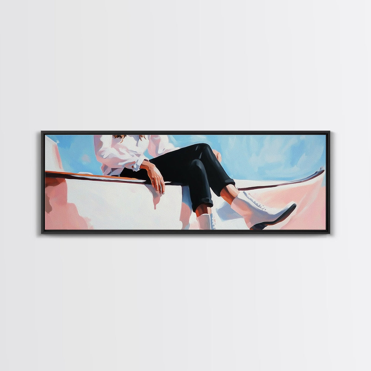 Coastal cowgirl, beach aesthetic, nautical decor, minimalist art, pastel painting, extra wide art, framed canvas print, surf wall art