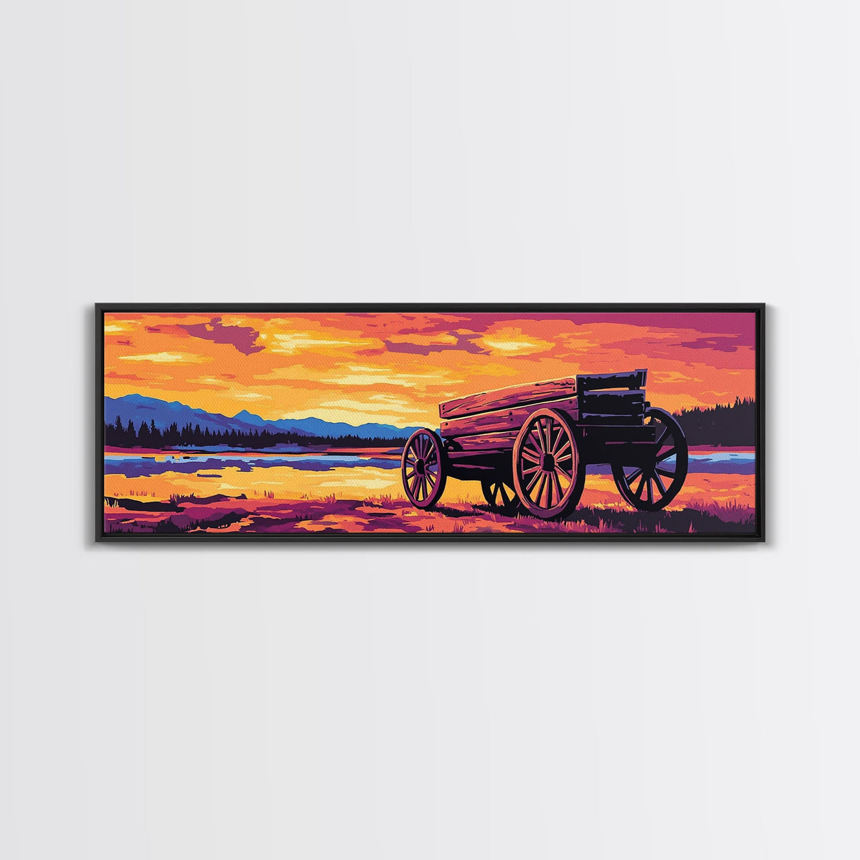Sunset Wagon Painting, southwest wall art, boho art, Joshua tree art, rustic decor, warm tones, framed canvas print, extra wide art