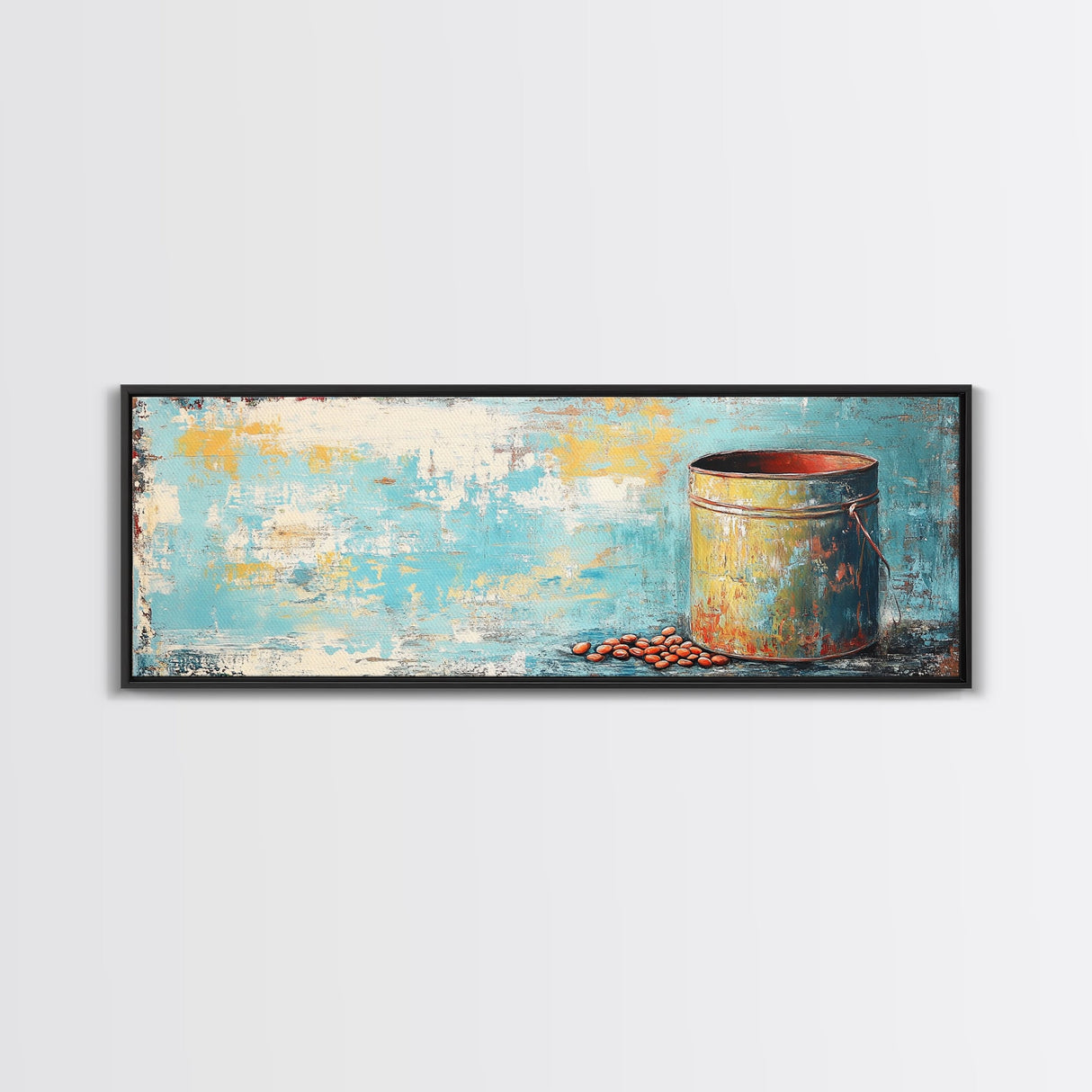 Rustic Tin, wabi sabi art, rustic wall art, teal wall art, farmhouse art, kitchen decor, Framed Canvas Print, above sofa art