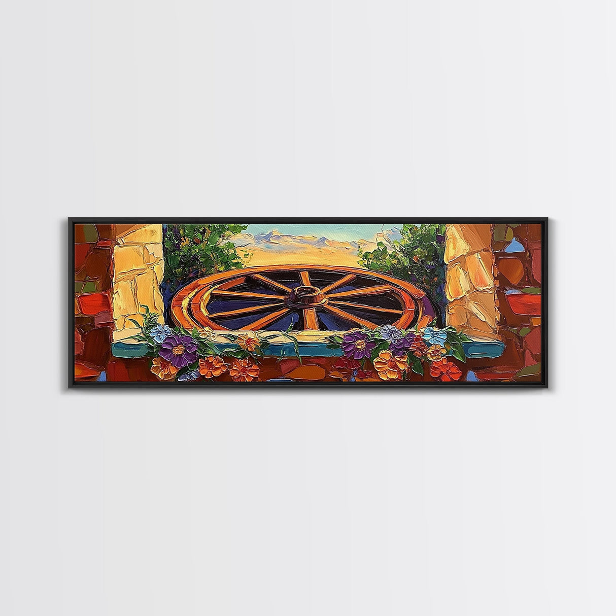 Rustic Wagon Wheel, farmhouse art, southwest wall art, wildflower painting, boho art, extra wide art, framed canvas print, landscape painting