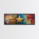 Golden Star, abstract art, bold colors, textured wall art, framed canvas print, mosaic wall art, extra wide art, above couch art