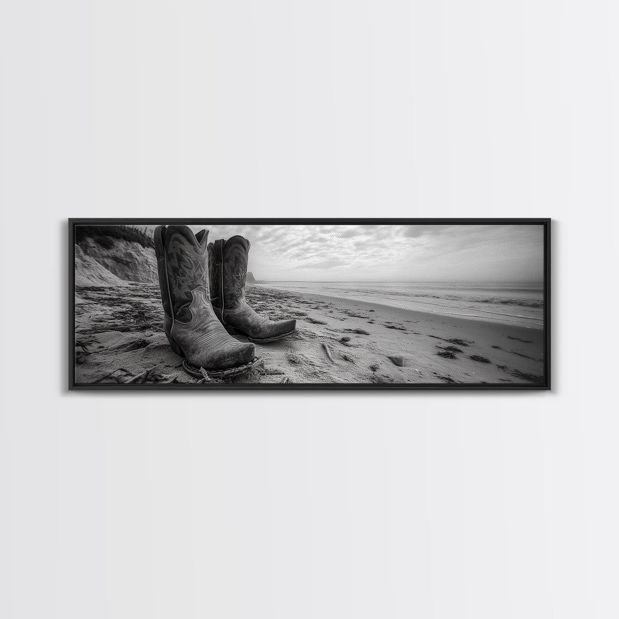 Cowboy Boots, coastal wall art, rustic decor, boho art, wabi sabi art, cowboy painting, framed canvas print, western style decor