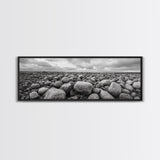 Rocky terrain, minimalist art, wabi sabi art, panoramic art, extra wide art, landscape painting, framed canvas print, moody art, rustic decor