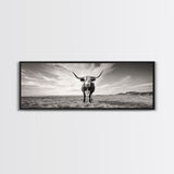 Longhorn, western landscape, bull and bear art, panoramic art, extra wide art, rustic wall art, framed canvas print, farmhouse decor, moody art
