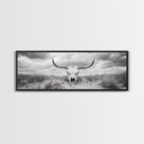 Longhorn Skull, skull art, western wall art, rustic decor, moody art, desert painting, farmhouse art, panoramic art, framed canvas print