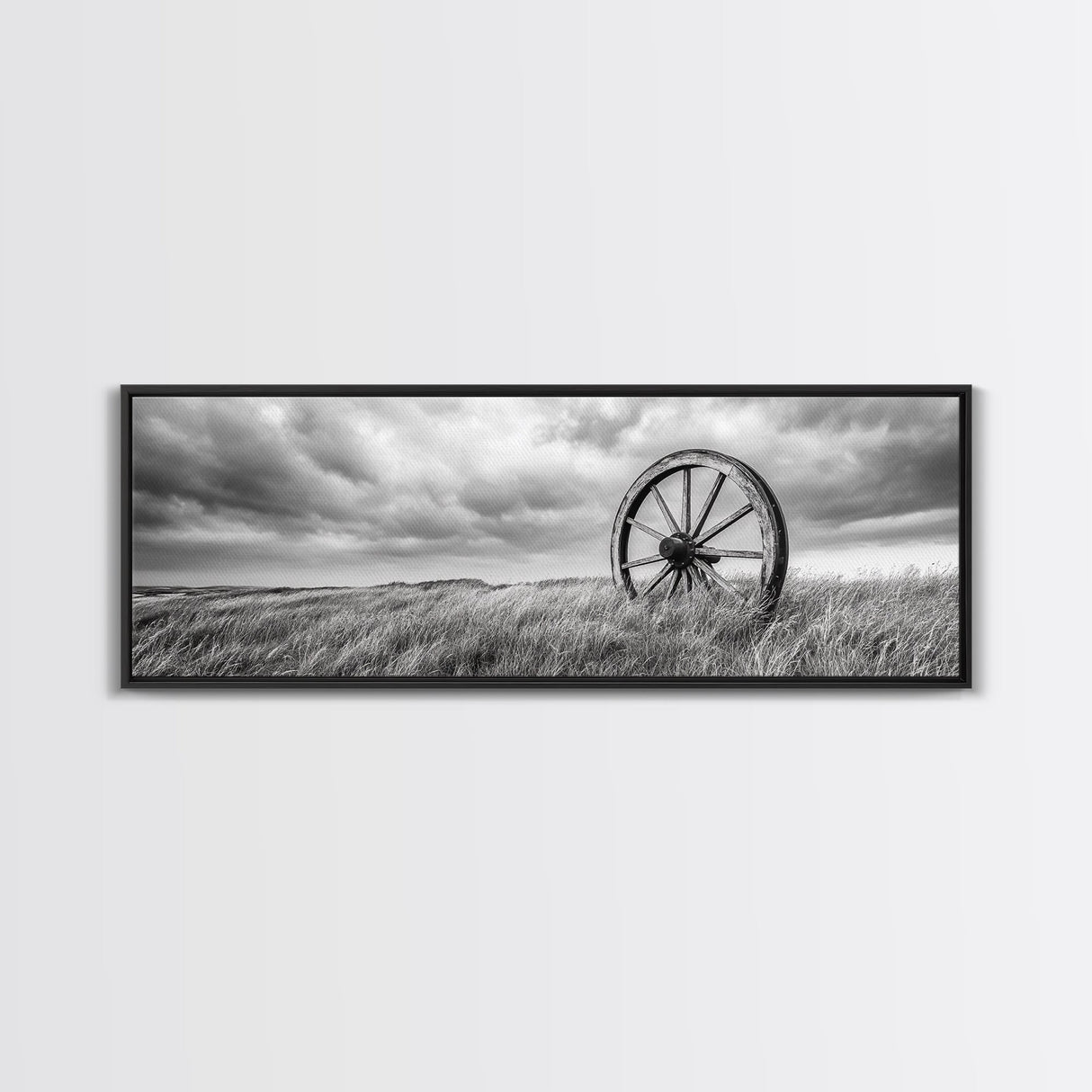 Wagon Wheel, rustic decor, farmhouse art, extra wide art, panoramic painting, country decor, cowboy art, framed canvas print, moody art
