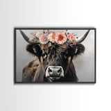 Framed Canvas Wall Art, Cute Cow Wearing Flowers, Farmhouse Decor, Farmhouse Wall At, Extra Large Boho Decor, Modern Art, Minimalist Rustic