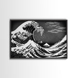 Black and White Wave Canvas Print, Hokusai Inspired Wall Art, Woodblock Print Style, Wall Art, Vintage Style Wall Art
