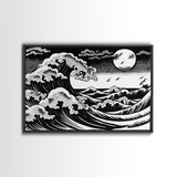 Black and White Wave Canvas Print, Hokusai Inspired Wall Art, Woodblock Print Style, Wall Art, Vintage Style Wall Art