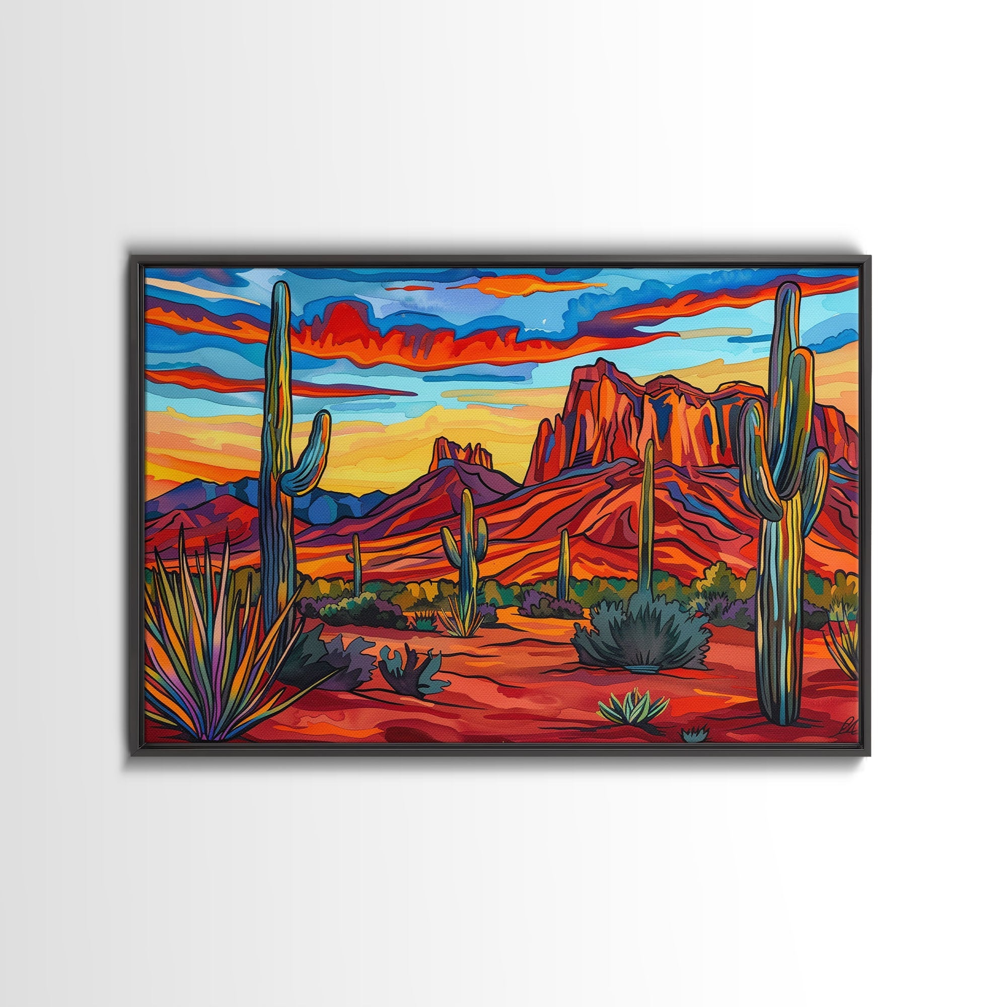 Retro Style Desert Landscape Painting Print, Pop Art, Farmhouse