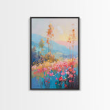 Serene Meadow Landscape at Sunrise - Framed Canvas Print, Tranquil Living Room Art, Peaceful Bedroom Decor, Pastel Flower Art, Wall Art