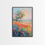 Blossoming Meadow with Trees - Framed Canvas Print, Peaceful Living Room Art, Serene Bedroom Decor, Vibrant Flower Art, Wall Art