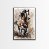 Powerful Horse Galloping - Framed Canvas Print, Dynamic Living Room Art, Energetic Bedroom Decor, Equestrian Art, Wall Art