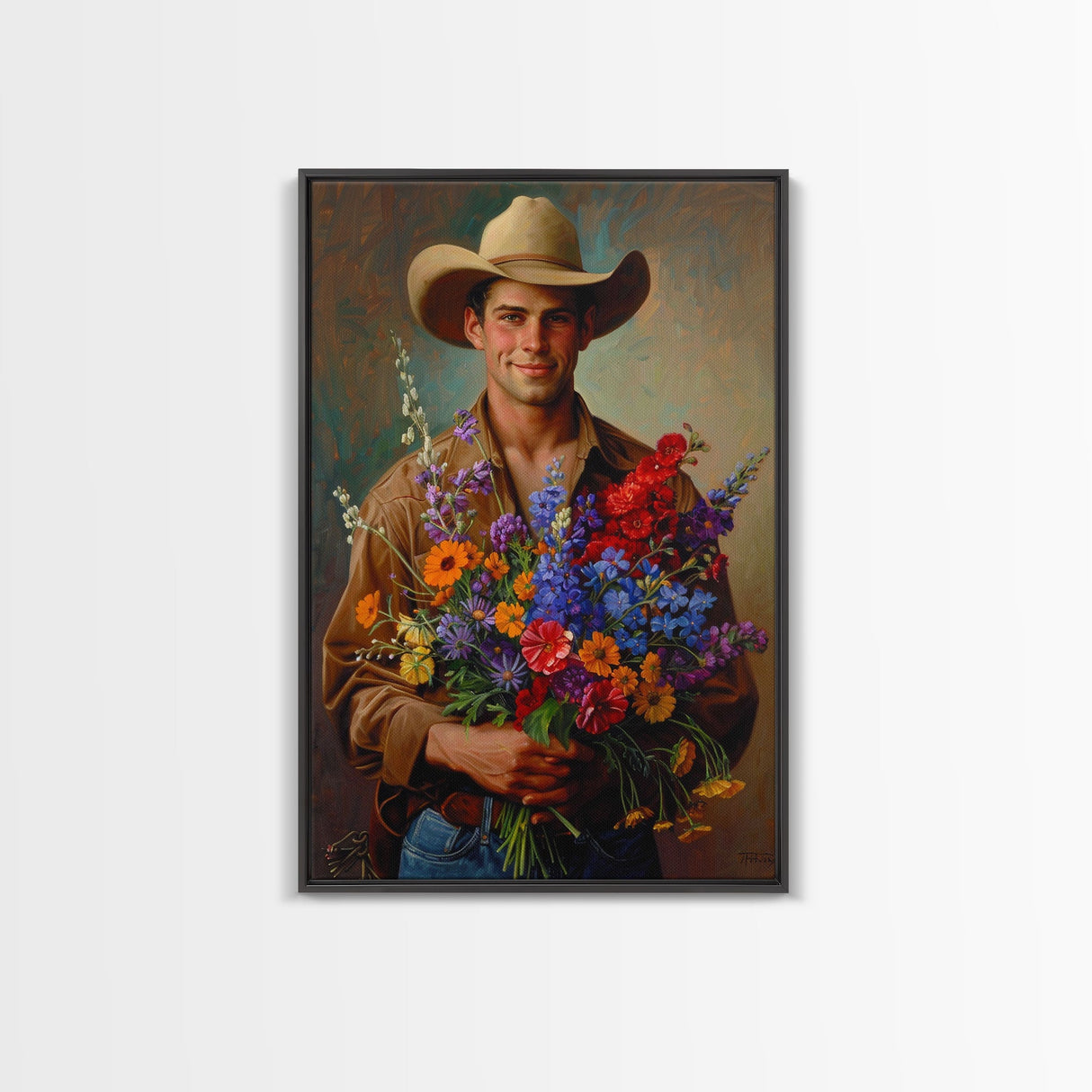 Handsome Cowboy with Wildflowers - Framed Canvas Print, Western Living Room Art, Rustic Bedroom Decor, Cowboy Art, Wall Art