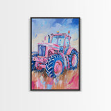 Vibrant Pink Tractor in Field with Blue Sky - Framed Canvas Print, Farmhouse Wall Art, Rustic Tractor Art for Living Room Decor