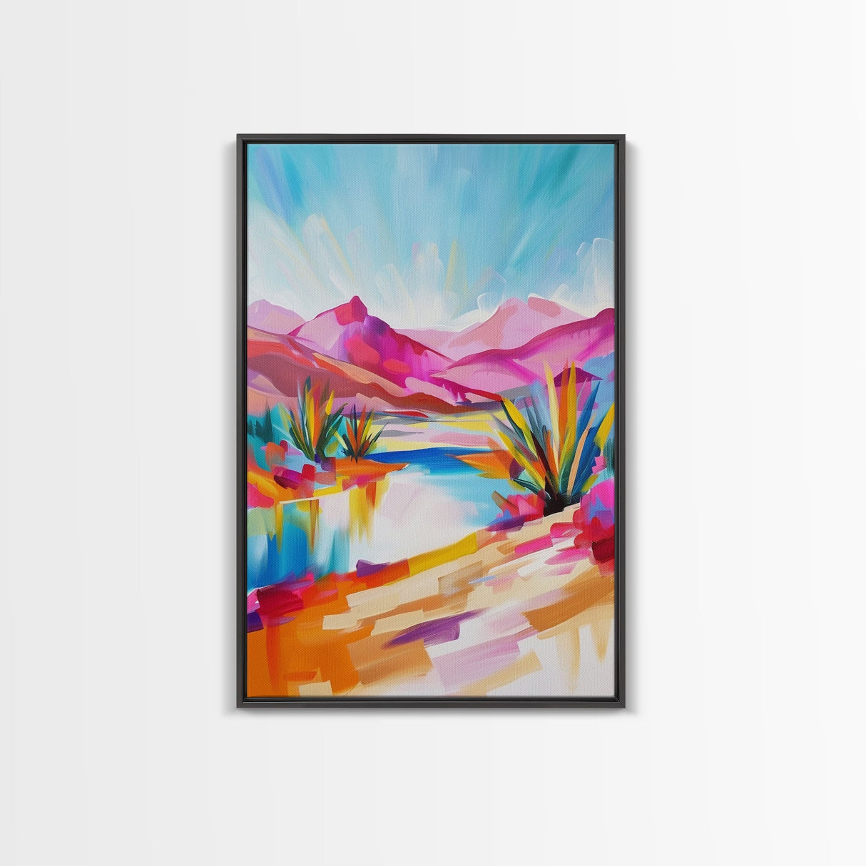 Bright Southwestern Landscape Art - Framed Canvas Print, Desert Decor, Vibrant Living Room Wall Art, Colorful Nature Scene