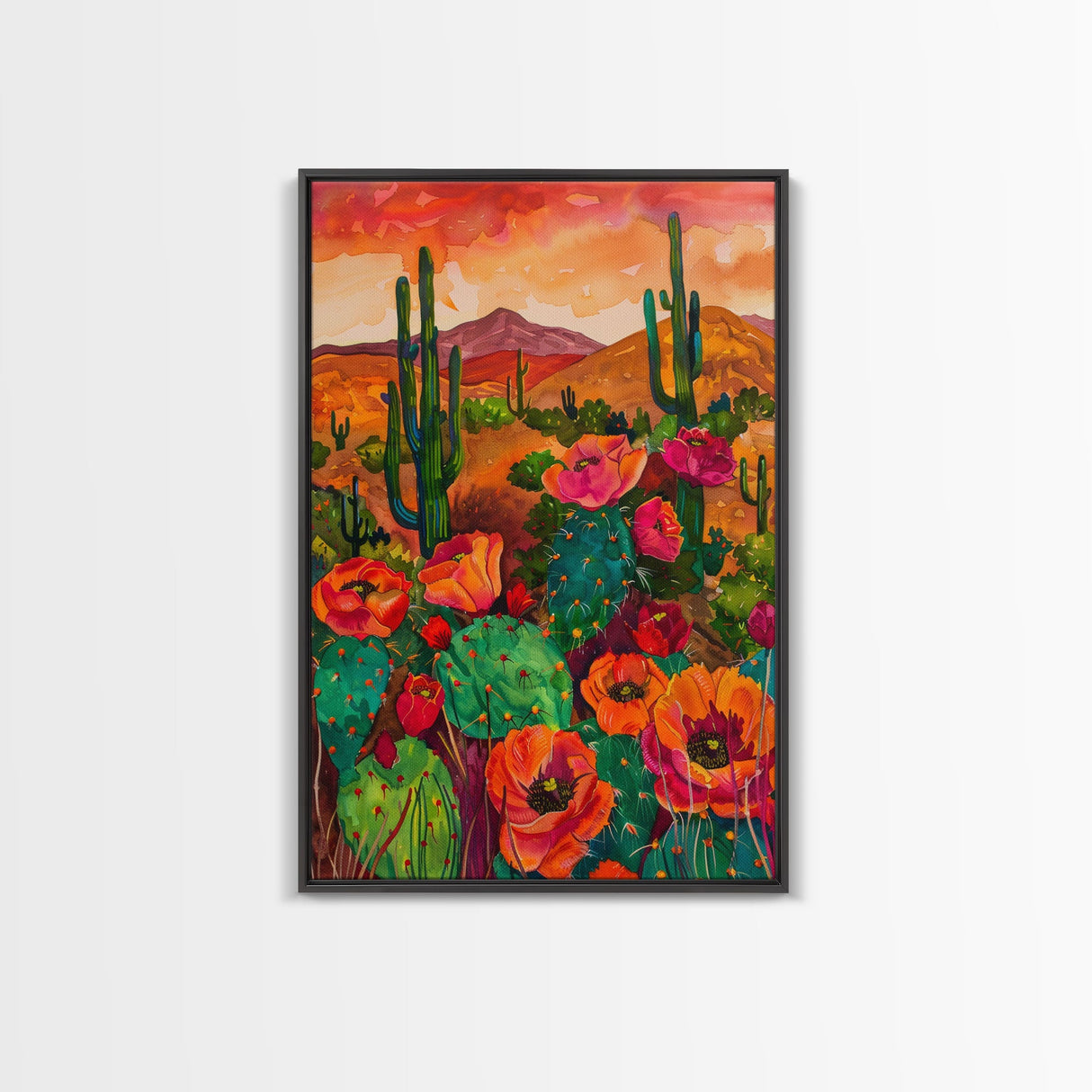 Southwest Desert Landscape with Cacti and Flowers, Colorful Wall Art for Living Room or Bedroom, Framed Canvas Print