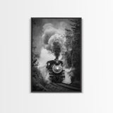 Steam Locomotive in the Forest Black and White Photography - Framed Canvas Print, Railroad Art, Vintage Train Wall Art for Home