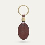 Back view of the dark brown leather oval key fob with Made in Italy stamp and brass keyring hardware