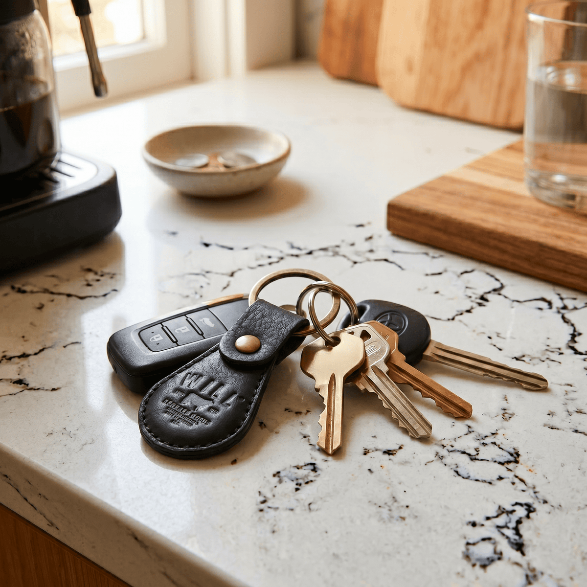 Lifestyle photo of a black leather WILL Leather Goods logo keychain fob attached to a car key fob and house keys, resting on a marble kitchen countertop.