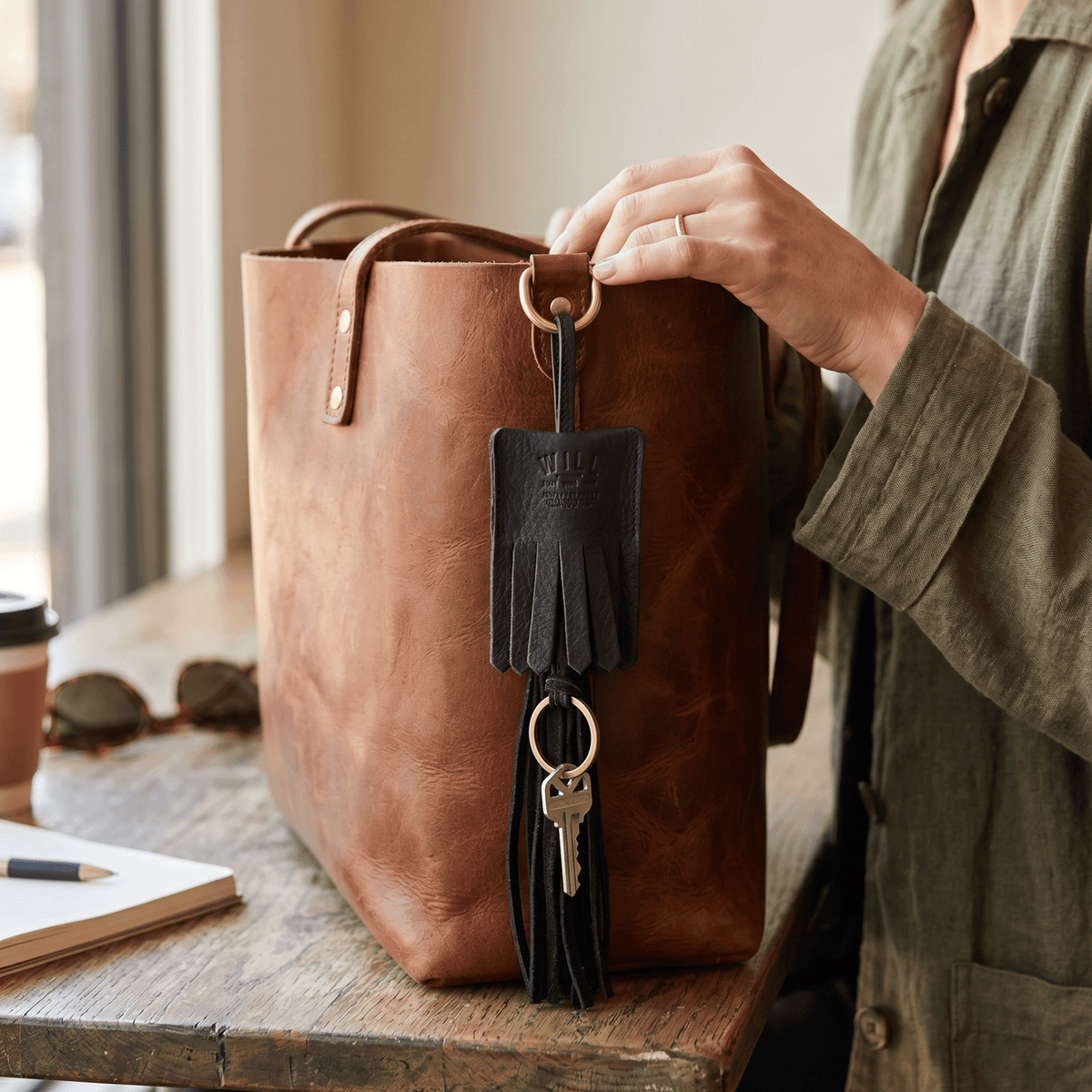 Lifestyle photo of a black leather WILL Leather Goods tassel key fob clipped to the handle of a cognac leather tote bag, with keys hanging from its brass ring.