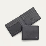 Will Leather Goods Classic Billfold Wallet in black leather, open showing card slots and an ID window, with a closed wallet resting in front showing the embossed cow logo.