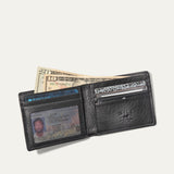 Will Leather Goods Classic Billfold Wallet in black leather, open showing cash, an ID in the window pocket, credit cards, and the embossed WILL Leather Goods logo patch.
