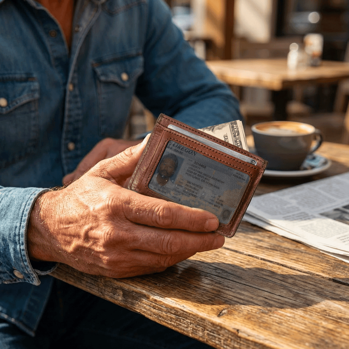 Lifestyle photo of a man's hand pulling a cognac leather card case with ID and cash from the back pocket of blue jeans at an outdoor cafe table.