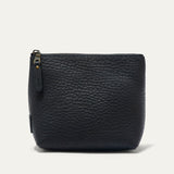 Black pebbled leather zip pouch shown straight-on, with the zipper pull visible on the front